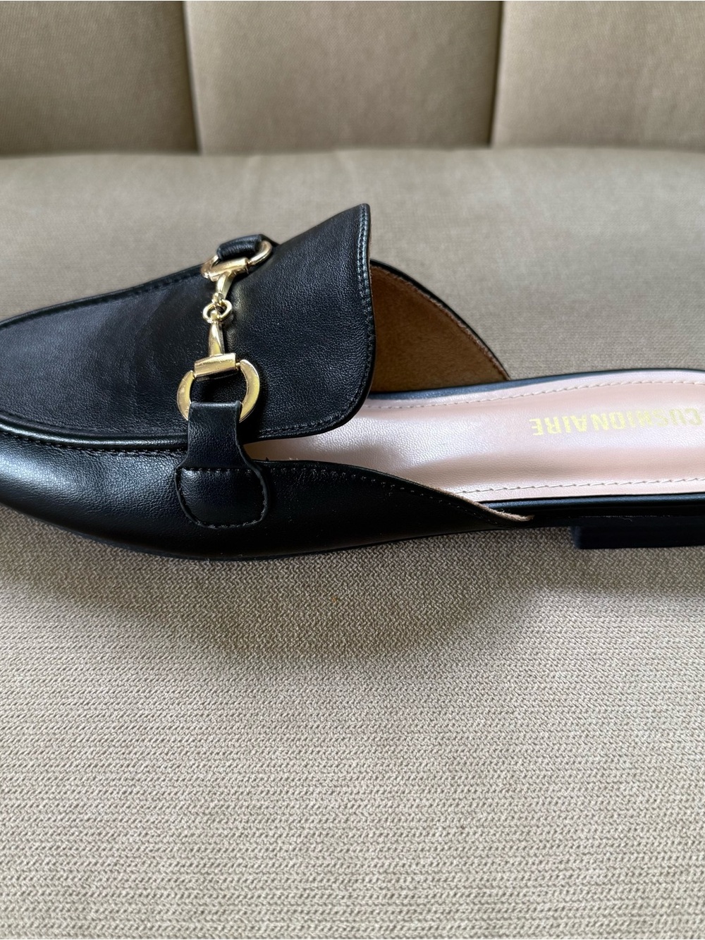Black Leather Backless Loafers with Gold Horsebit Detail - Picture 4 of 15